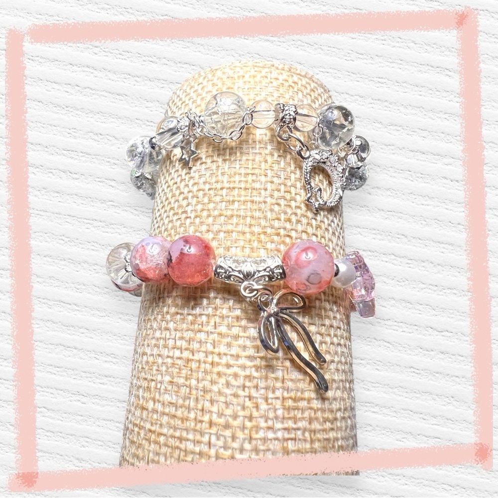 New, handmade pink and clear glass beaded bracelet set, bow, stars, moon charm